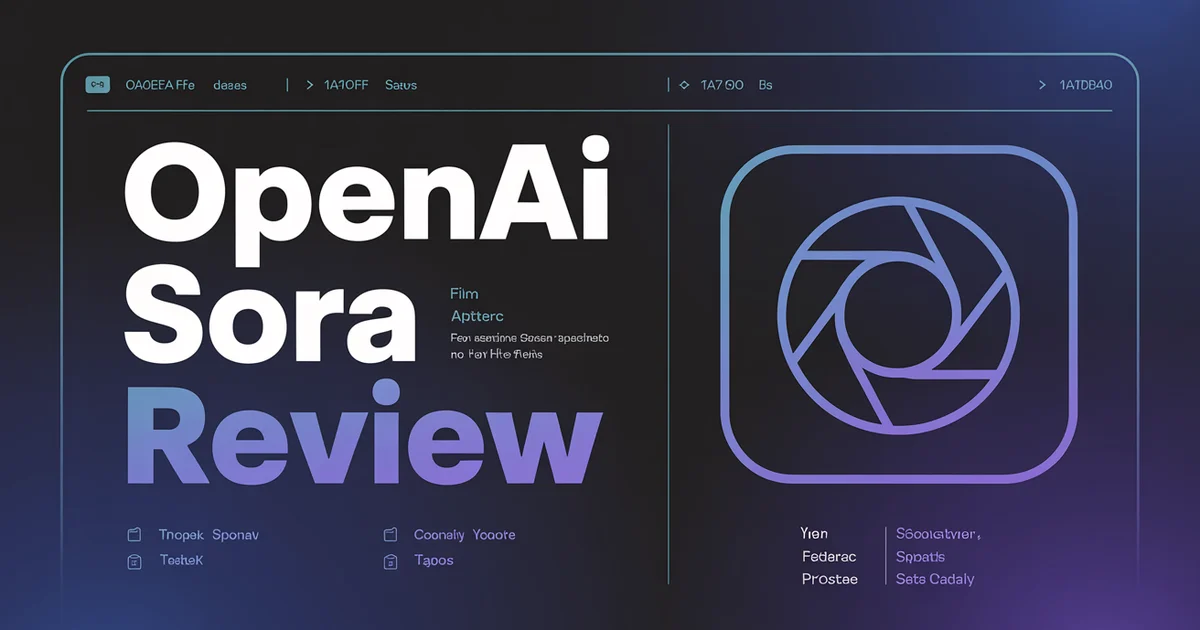 Sora AI Review 2026, bold headline over a dark navy gradient with a film-strip motif and a moving-watermark glyph