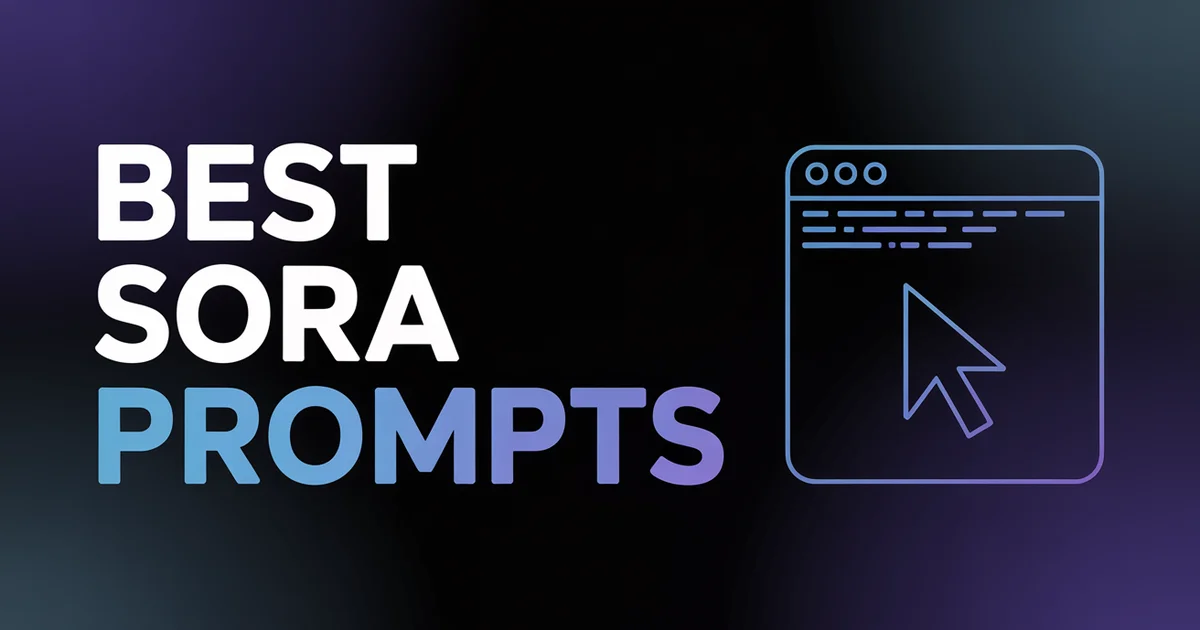 Best Sora Prompts 2026 hero, bold headline on a dark indigo gradient with a grid of cinematic prompt frames