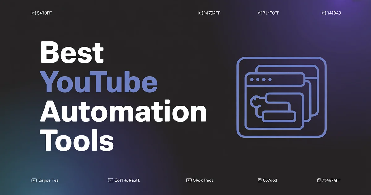 Best YouTube Automation Tools in 2026, bold headline beside a stacked-toolkit icon on a dark indigo gradient