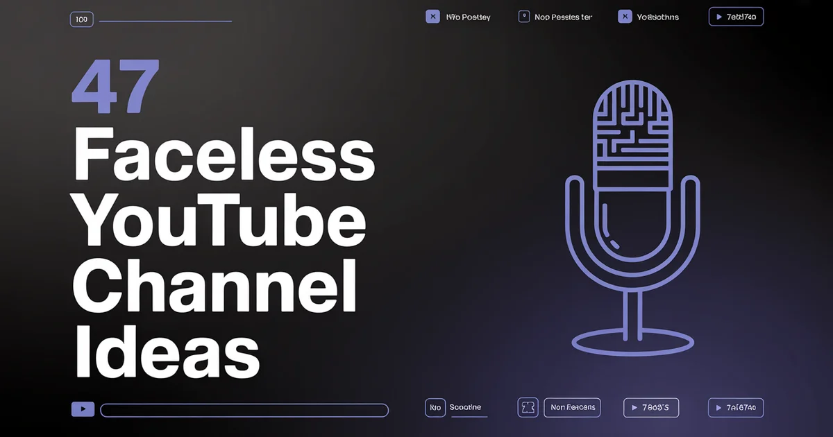 47 Faceless YouTube Channel Ideas for 2026, bold headline beside a microphone icon on a dark indigo gradient