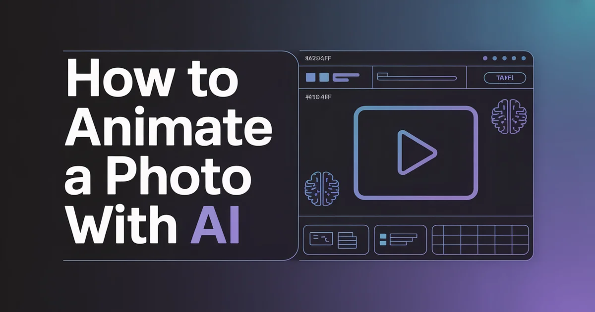 How to animate a photo with AI, bold headline beside a video-player icon on a dark indigo gradient