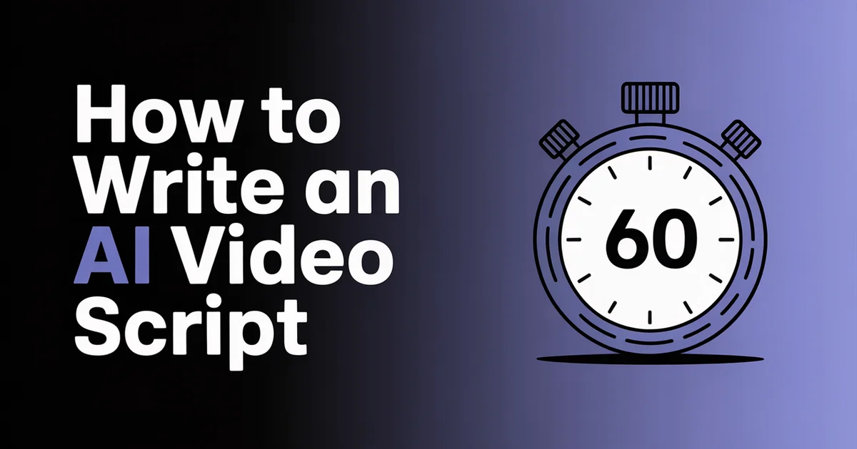 How to write an AI video script, bold headline beside a large stopwatch reading 60 on a dark indigo gradient