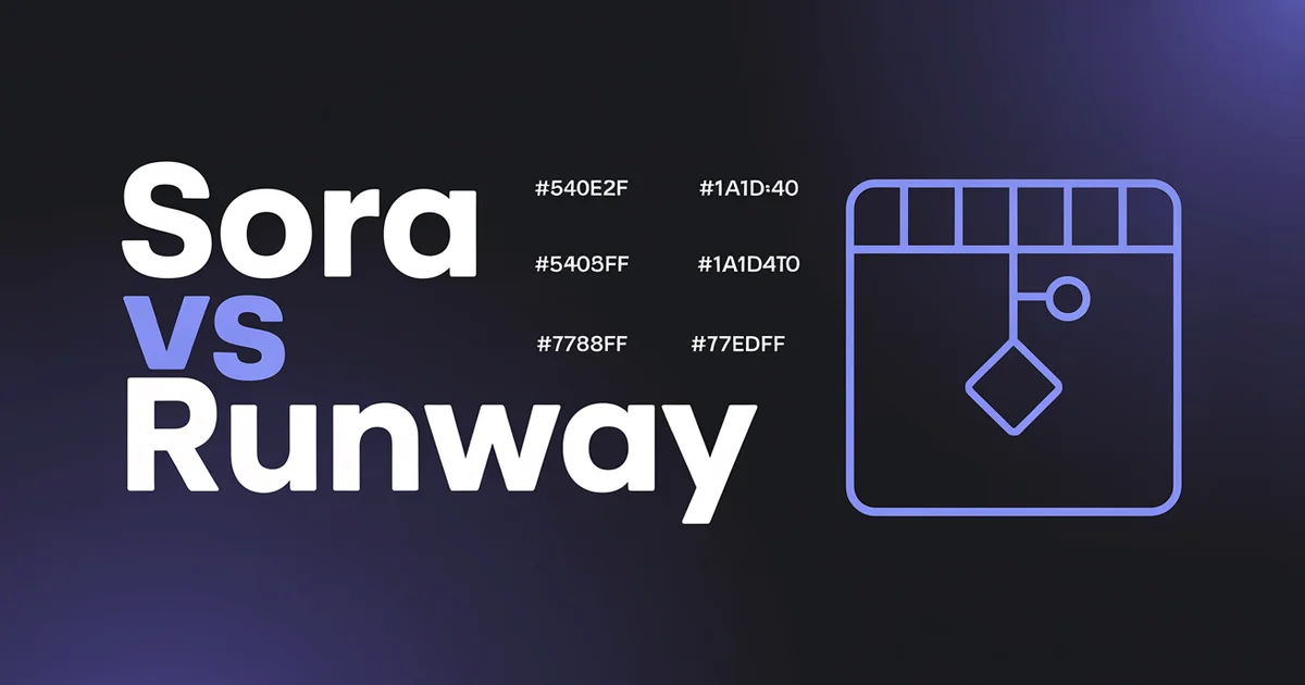 Sora vs Runway 2026 comparison, bold headline over split cinematic frames on a dark indigo gradient