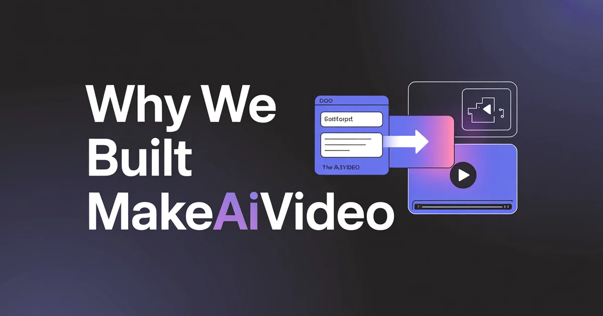 Why We Built MakeAIVideo - bold headline on dark indigo gradient with prompt box, glowing arrow, and video player frame