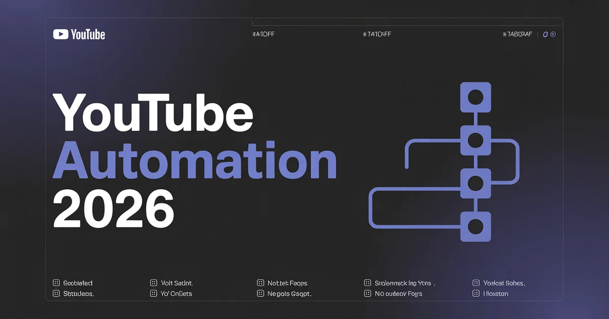 YouTube Automation Complete 2026 Guide, bold headline beside a workflow icon on a dark indigo gradient