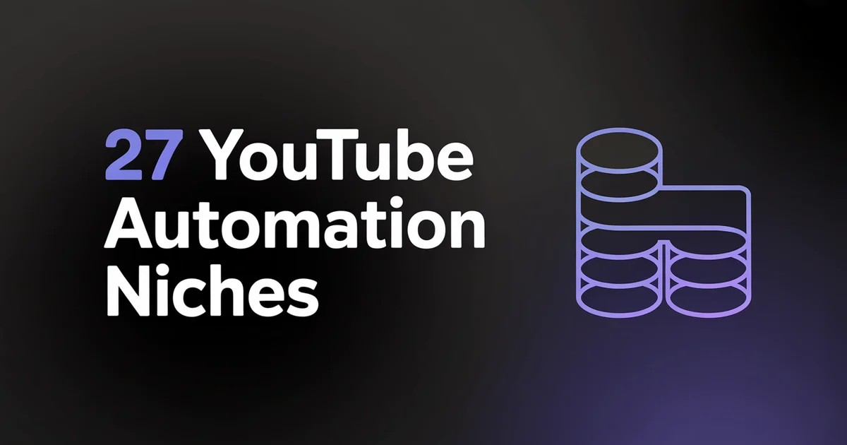 27 YouTube Automation Niches for 2026, bold headline beside a stacked-tiers icon on a dark indigo gradient